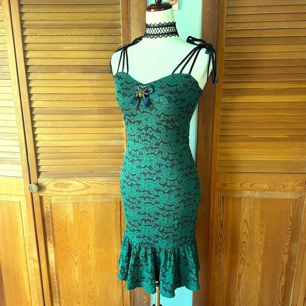 Voodoo Vixen Gothic Fairy Dark Fairycore Beetle Lover Green & Black Lace Dress S - Picture 4 of 6